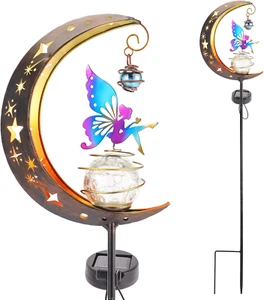 Solar Fairy Garden Light Decor Moon Fairy Stake Lights Crackle Glass Globe with - Picture 1 of 12