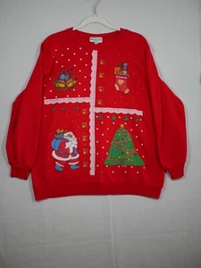 VTG Jenna Lane Ugly Christmas Sweatshirt Red Glitter Santa Stocking Tree Bells - Picture 1 of 10