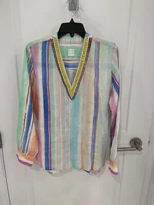 120% Lino Leinen Perlen Regenbogen gefärbt Langarm Bluse Top 44 US M Boho Coastal - Bild 1 von 8