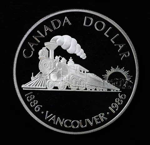 1986 Canada Proof Silver $1 Dollar Vancouver Train w/ Capsule Canadian Elizabeth Cover