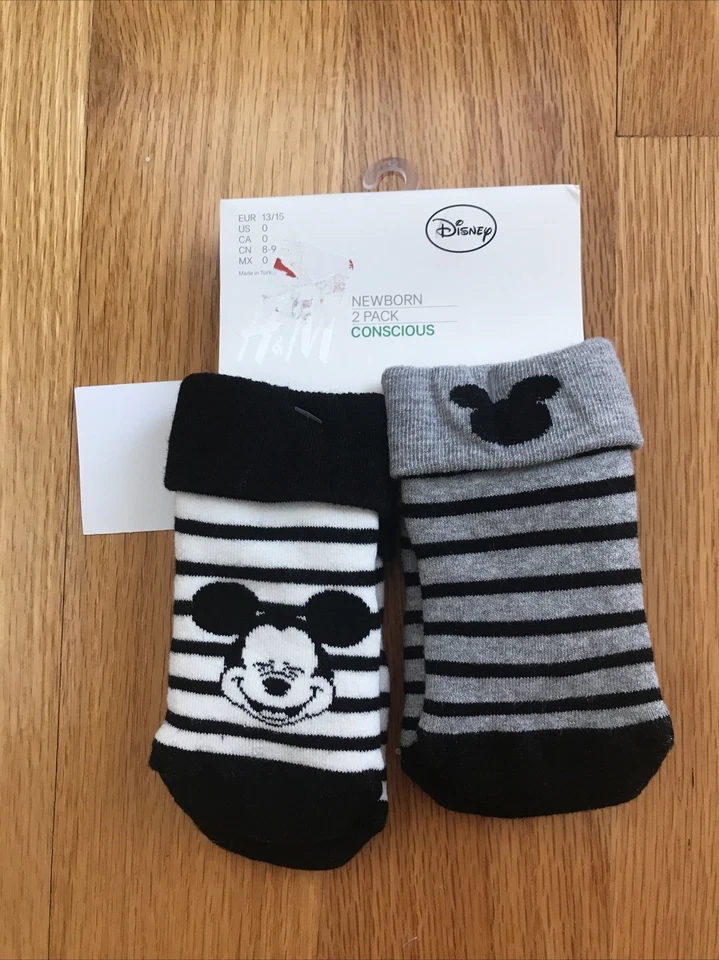 NEW Disney Newborn Mickey Mouse Socks, Black/Grey/White Organic Cotton Blend, 2 - Image 1 of 3