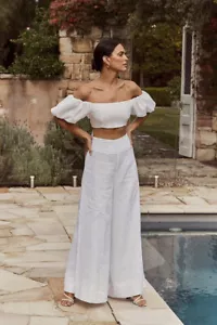 NWT DISSH Aisle White 100% Linen High Waist Rise Wide Leg Pant 2 XS $149.99 - Picture 1 of 21