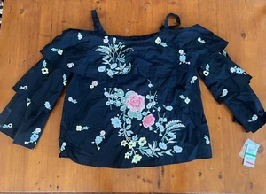 INC Peony Garden Black Floral Embroidered Bell Sleeve Ruffle Neck Top Sz L Large - Picture 1 of 12