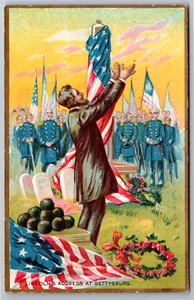 Postcard President Abraham Lincoln's Address at Gettysburg US Flag Soldiers - Picture 1 of 3