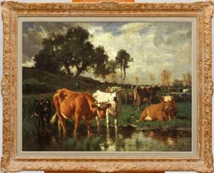 Handmade Old Master-Art Antique Oil Painting Animal Cows on canvas 30"X40" - Picture 1 of 2