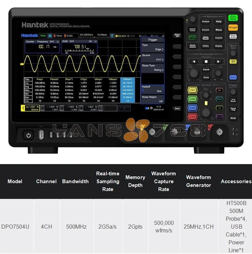 Hantek DPO7504U Oscilloscope 500MHz 4CH+1CH Waveform Generator 2GSa/s 2G Memory - Image 1 of 1