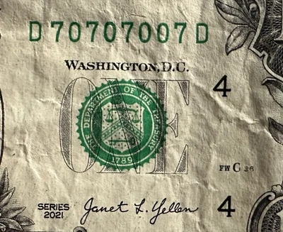 Binary Repeater “007” Bond 2021 $1 Dollar D70707007D Fancy Serial Number Note - Image 1 of 3