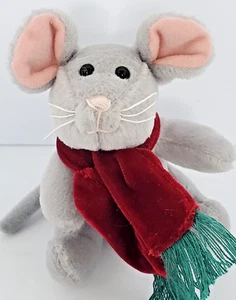 Peluche topolino Mary Meyer vintage 1996 nuovo con etichetta grigio chiaro con sciarpa rossa - Foto 1 di 7