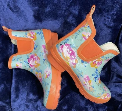 Women’s Sz 7 Aldi Rain/rubber Boots Orange/Green Floral Print Ankle Boots New - Image 1 of 4