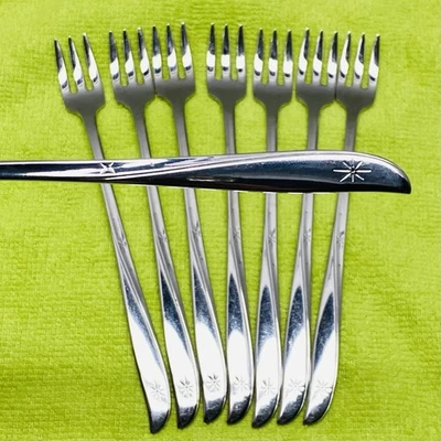 Vtg 8 Pc Cocktail/Seafood Fork Oneida Community Stainless TWIN STAR Atomic 6" - Image 1 of 4