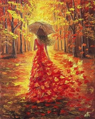 Original Oil Painting Lady Autumn Red Dress Landscape Canvas Fall Impressionist - Image 1 of 4