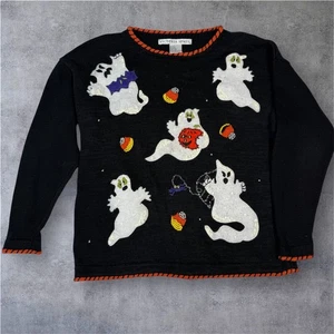 Vintage Victoria Jones Damen L Halloween schwarz Pullover Geister Applikationen Zuckermais - Bild 1 von 14