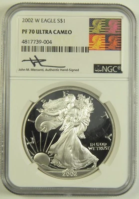 Silver Eagle NGC PF-70 2002-W Ultra camafeo John Mercanti autógrafo #39-004 Foto 1 de 2