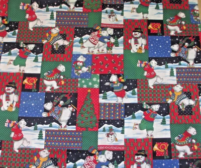 The Kesslers OOP Cotton Fabric Skating Polar Bears Patchwork  1 Yard - Image 1 of 4
