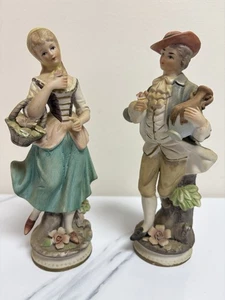 Vintage Porcelain Couple Figurines Man Woman Flowers Basket Rococo Style Pair - Picture 1 of 4