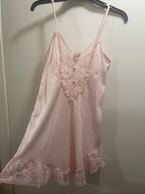Vintage 80s Satin Lace Trimmed Chemise Slip Pink  Size Small - Image 1 of 4
