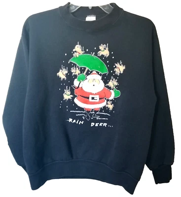 Vintage Christmas Sweatshirt Sz Large Funny Santa Rain Deer.. Puffy Print Black - Image 1 of 4