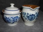 Vintage Handmade Czech Blue Onion Flower Stoneware Sugar Bowl lid & Creamer Set