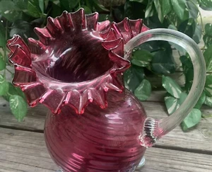 Cranberry Glass Pitcher with Ruffled Edge and Clear Handle - Picture 1 of 6