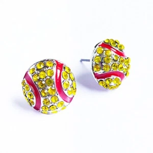 Softball Sports Stud Earrings - Rhinestone Crystal Bling, Athletic Fashion - Picture 1 of 2