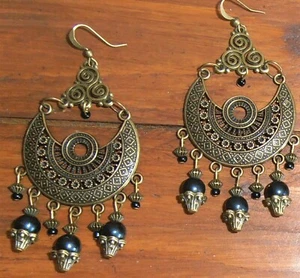 Handmade Boho Ethnic Hippie Black Beaded Antique Bronze Chandelier Hook Earrings - Picture 1 of 4