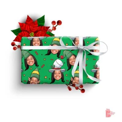 Personalized Wrapping Paper with Elf Ears Photo Face Cutout Christmas Gift Wrap - Image 1 of 4