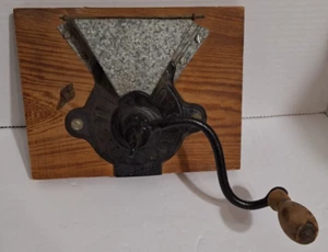 Vintage Wall Coffee Hand Grinder Tin Hopper Cast Iron Body Wood Mount - Picture 1 of 9