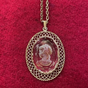 Vintage Whiting & Davis Signed 20” Necklace Pendant Cameo Glass Intaglio - Picture 1 of 8