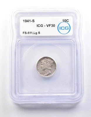 1941-S Mercury Dime FS-511 Large S VF30 ICG *9871 - Image 1 of 3