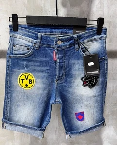 DSQ2 Short Jeans Men's Blue  Washed Slim Fit Ripped Pants With Badges - Picture 1 of 6