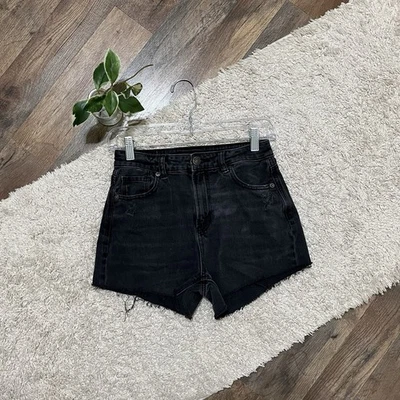 Pantalones Cortos American Eagle Talla 0 Negro Corte Deshilachado Dobladillo Tiro Alto Mamá Foto 1 de 4