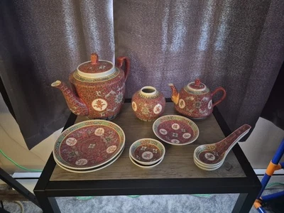 Tetera y juego de té de porcelana vintage MunShou Longevity Famille Rose piezas Foto 1 de 4