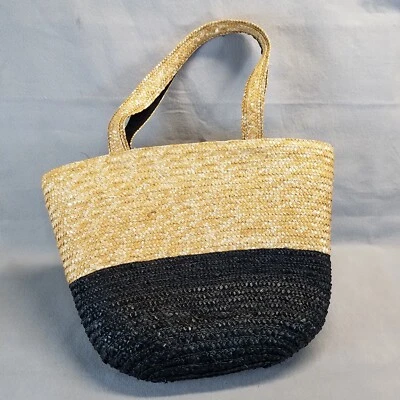 Bolso de Hombro Neiman Marcus Tejido de Paja Playa Forrado en Tela Negro y Trigo Foto 1 de 4