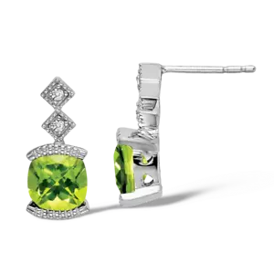 14K Solid White Gold Peridot Diamond Dangle Earrings - Picture 1 of 4