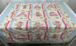 Vintage Baby Quilt Throw Blanket Teddy Bears Cross Stitch Handmade Unisex AS IS - Picture 1 of 3