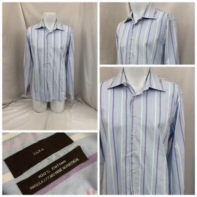 Camisa de Vestir Zara 17 34/35 Rayas Azules 100% Algodón Hecha Portugal YGI V1-118 Foto 1 de 4