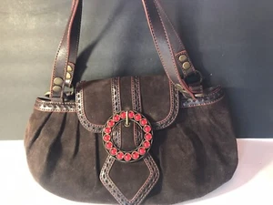 Maxx New York Brown Swede Hand Bag Tote Purse Red Jewels - Picture 1 of 10