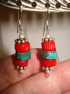 1 5/8" Drop Handcut Turquoise Heishi Red Coral Santa Fe Style .925 Hook Earrings - Picture 1 of 7