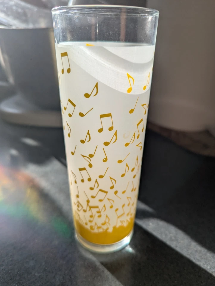 1990 LIBBEY ALBERT ELOVITZ Yellow Frosted MUSIC NOTES Highball Glass 12oz 7" VTG - Image 1 of 4