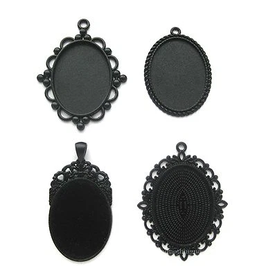 4 Goth Metallic BLACK Assorted Styles 40mm x 30mm CAMEO PENDANTS Frame Settings - Image 1 of 4