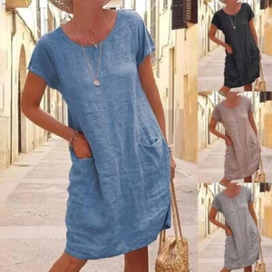 Womens Summer Cotton Linen Midi Dress Ladies Casual Loose Pocket Dress Plus Size - Picture 1 of 15