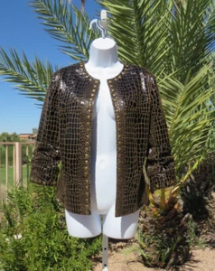 VTG 1990s JACKET BLACK FAUX ALLIGATOR SKIN DONNA SALYERS SIZE M BRASS STUDS - Picture 1 of 12