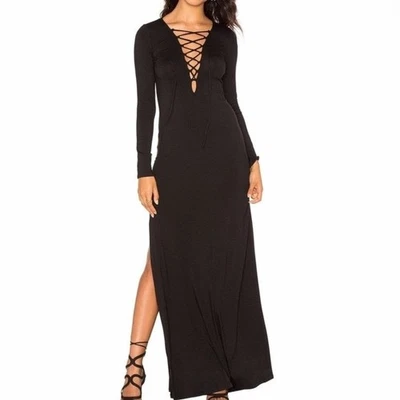 Maxi Vestido Jersey Rachel Pally Jolene Negro Con Cordones Manga Larga Talla Grande Foto 1 de 4