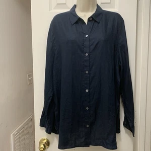 Camisa J. Jill Love Lino Talla Grande Azul Marino Botón Lino Manga Larga Preppy  - Imagen 1 de 5