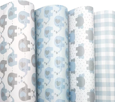 Hojas de papel de envolver planas - 12 hojas con 4 patrones de elefante azul, envoltura de regalo Foto 1 de 4