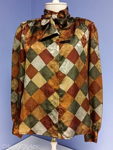 Vtg 80's La Chine Classic Fall Color Tone On Tone Diamond Pattern Poly Blouse 12 - Picture 1 of 10