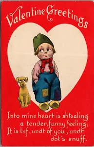 Vintage Valentinstag Grüße Holländischer Junge mit Hund Herz 1910er Postkarte - Bild 1 von 2