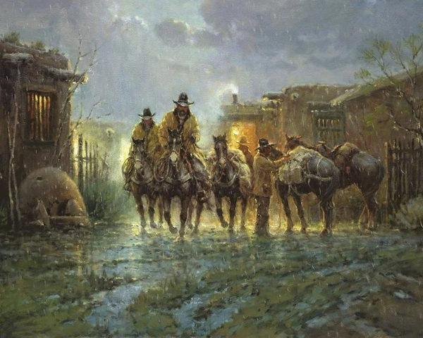 16"X20" Western Cowboy Rainy Morning ,Oil Painting Canvas Prints Decor Unframed