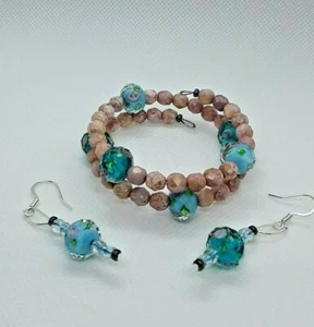 Handmade Beaded Bracelet and Earring Set Pink Czech Glass Lampwork Rondelle - Picture 1 of 2