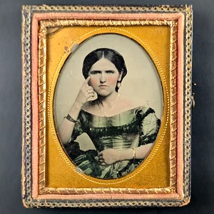 1/9 assiette ambrotype belle robe jeune femme couleur vert teinté étui complet - Photo 1 sur 19